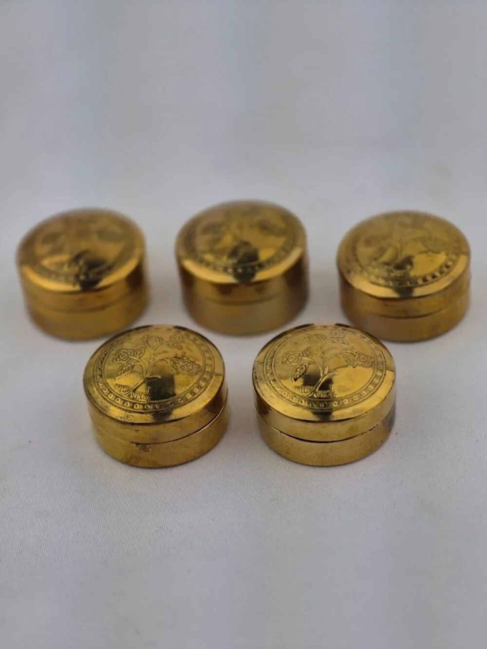 Vintage Brass Round Pill Box Trinket Embossed Floral Made in Thailand Set of 5
